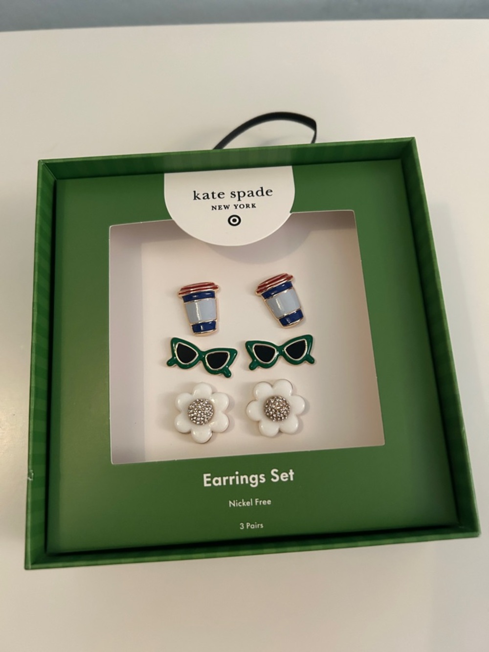 kate spade Green Sunglasses, White Flower & Blue Coffee Cup Earring Set
